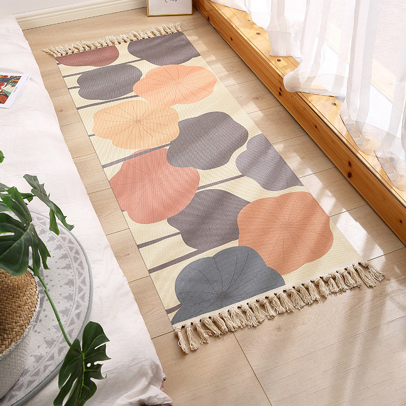 Nordic Bedroom Tatami Bedside Mat Home Living Room Bedside Tassel Carpet Polyester Cotton Woven Printed Decorative Mat