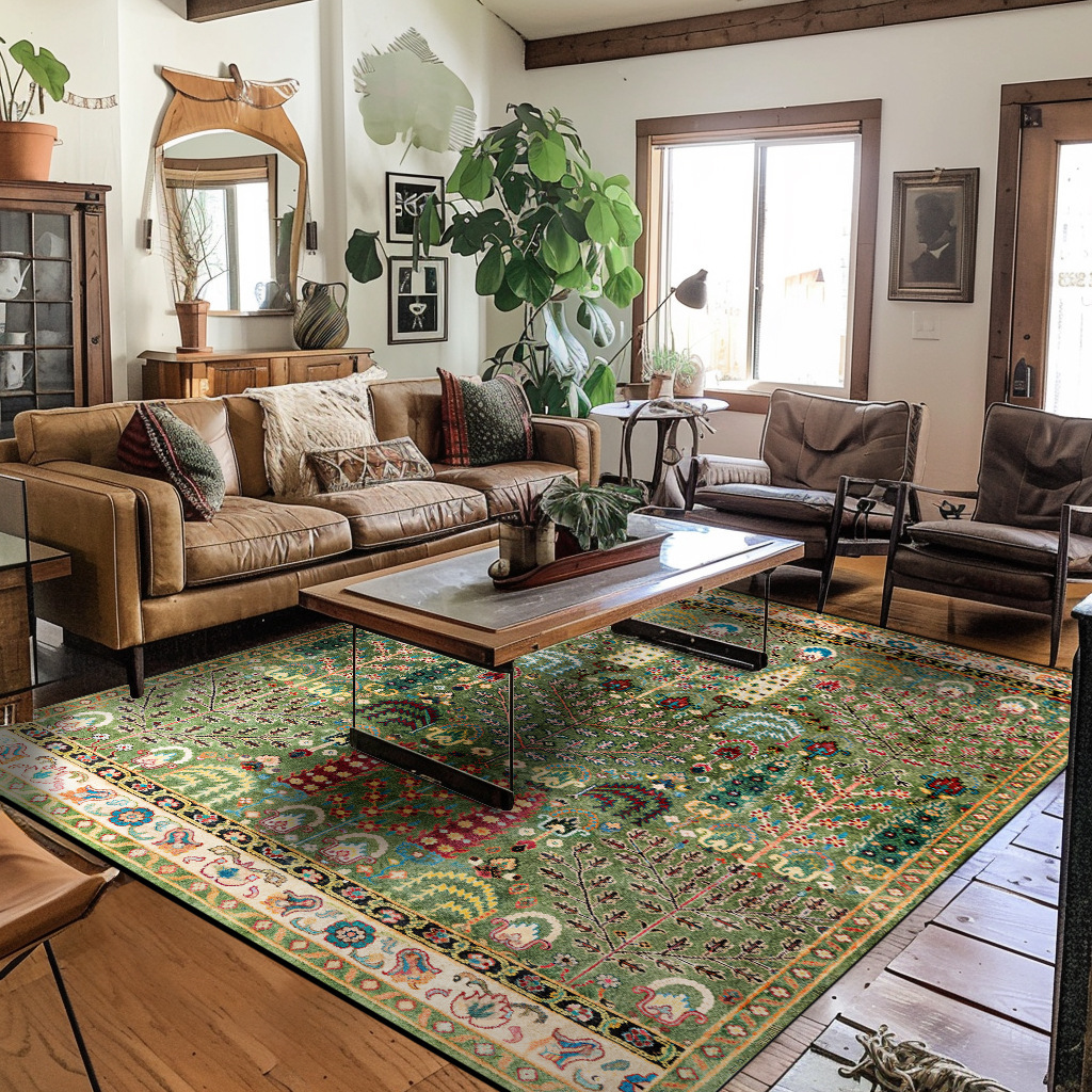 Vintage American Persian Bohemian Ethnic Style Tree of Life Green Living Room Bedroom Non-Slip Carpet Rug Mat