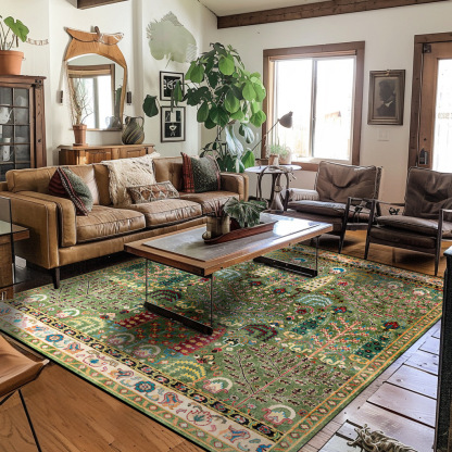 Vintage American Persian Bohemian Ethnic Style Tree of Life Green Living Room Bedroom Non-Slip Carpet Rug Mat