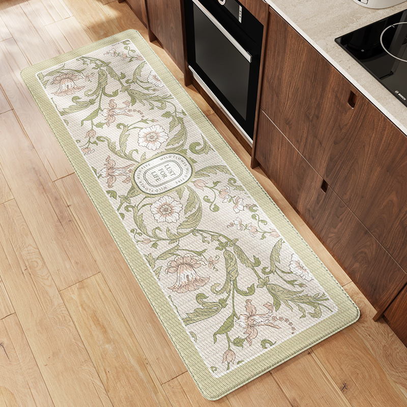 Simple Floral Kitchen Floor Mat Leather Kitchen Pad Waterproof Greaseproof Wear-Resistant Non-Slip Foot Mat