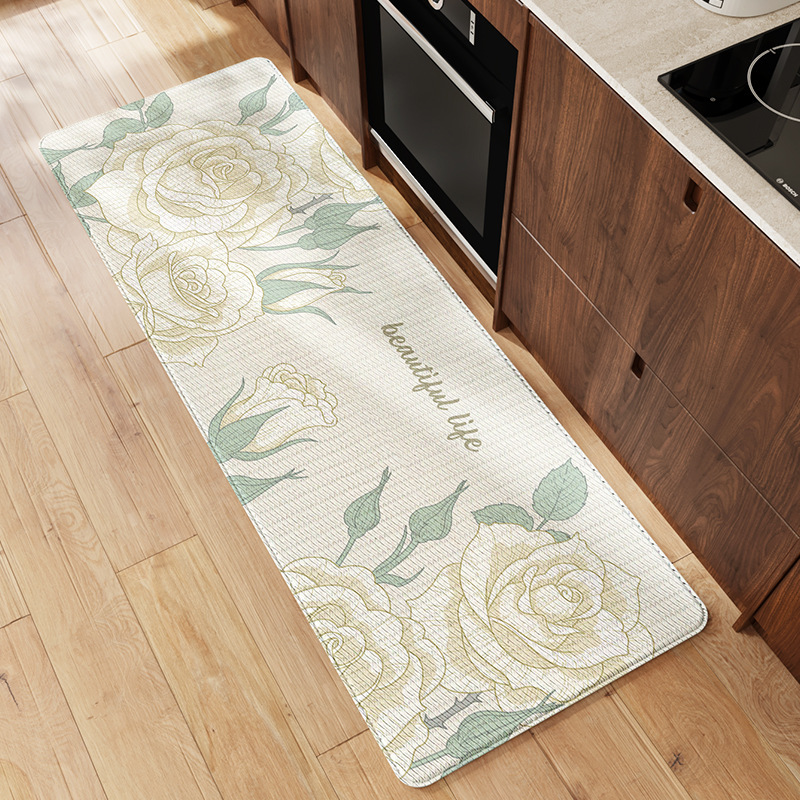 Simple Floral Kitchen Floor Mat Leather Kitchen Pad Waterproof Greaseproof Wear-Resistant Non-Slip Foot Mat