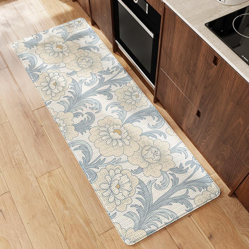 Simple Floral Kitchen Floor Mat Leather Kitchen Pad Waterproof Greaseproof Wear-Resistant Non-Slip Foot Mat