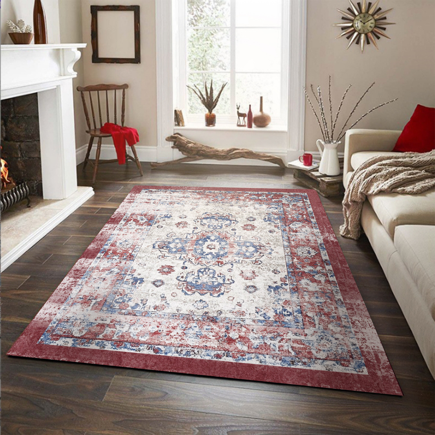 Machine Washable Carpet Living Room Coffee Table Vintage Washable Foldable Non-Slip Fine Cashmere Blanket