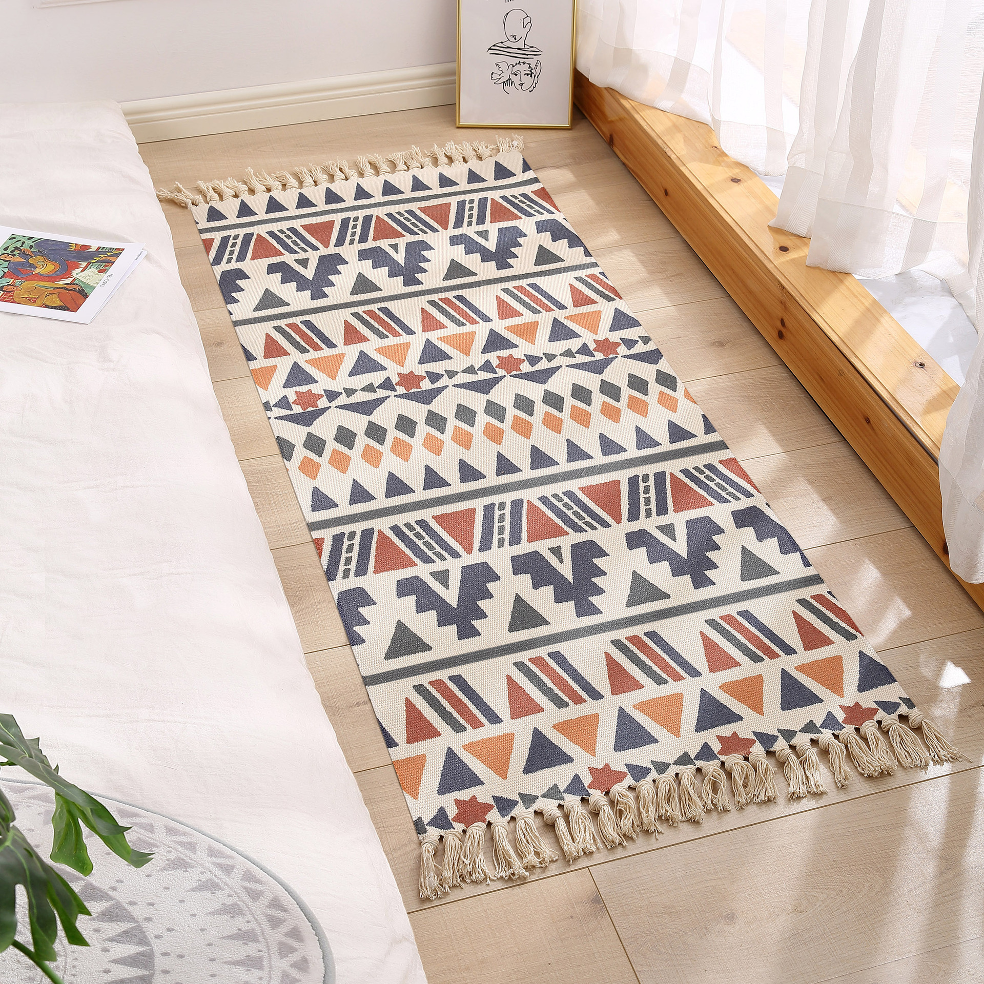 Nordic Bedroom Tatami Bedside Mat Home Living Room Bedside Tassel Carpet Polyester Cotton Woven Printed Decorative Mat