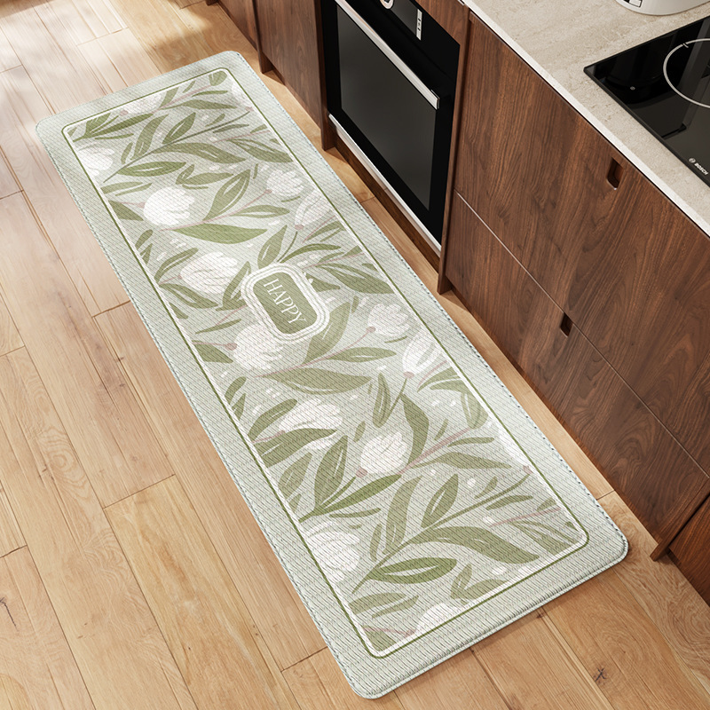 Simple Floral Kitchen Floor Mat Leather Kitchen Pad Waterproof Greaseproof Wear-Resistant Non-Slip Foot Mat