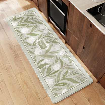 Simple Floral Kitchen Floor Mat Leather Kitchen Pad Waterproof Greaseproof Wear-Resistant Non-Slip Foot Mat