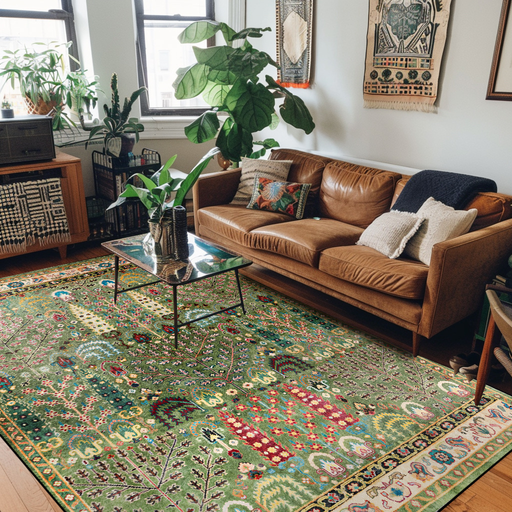 Vintage American Persian Bohemian Ethnic Style Tree of Life Green Living Room Bedroom Non-Slip Carpet Rug Mat