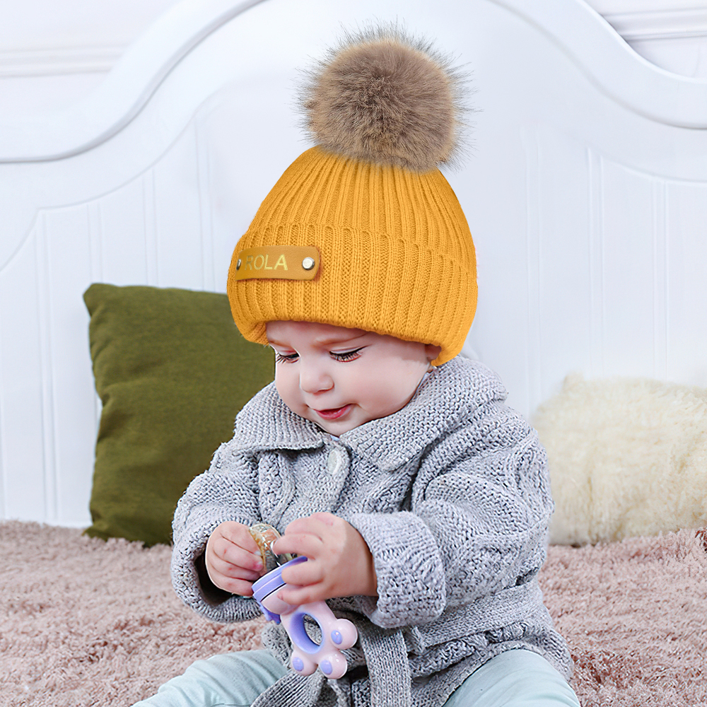 Personalized Leather Patch Beanie Custom Name Newborn Kids Winter Hat