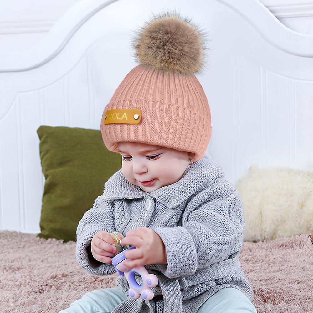 Personalized Leather Patch Beanie Custom Name Newborn Kids Winter Hat