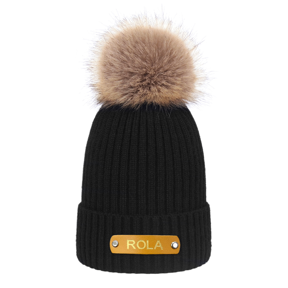 Personalized Leather Patch Beanie Custom Name Newborn Kids Winter Hat