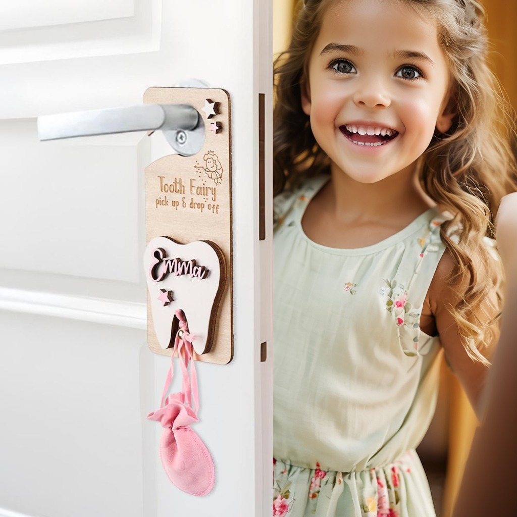 Personalized Tooth Fairy Door Hanger with Money Slot and Velvet Pouch Birthday Gift for Kids