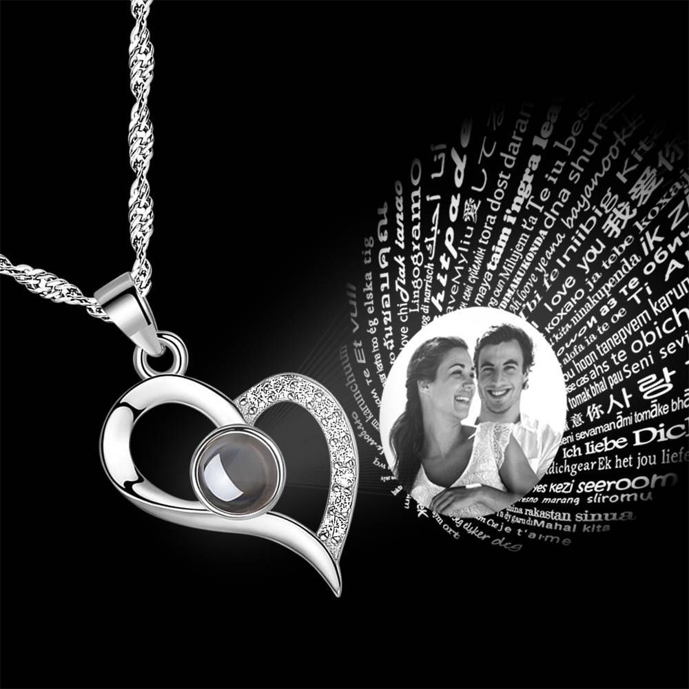 Personalized 100 Languages 'I Love You' Heart Necklace - Custom Photo Projection Pendant