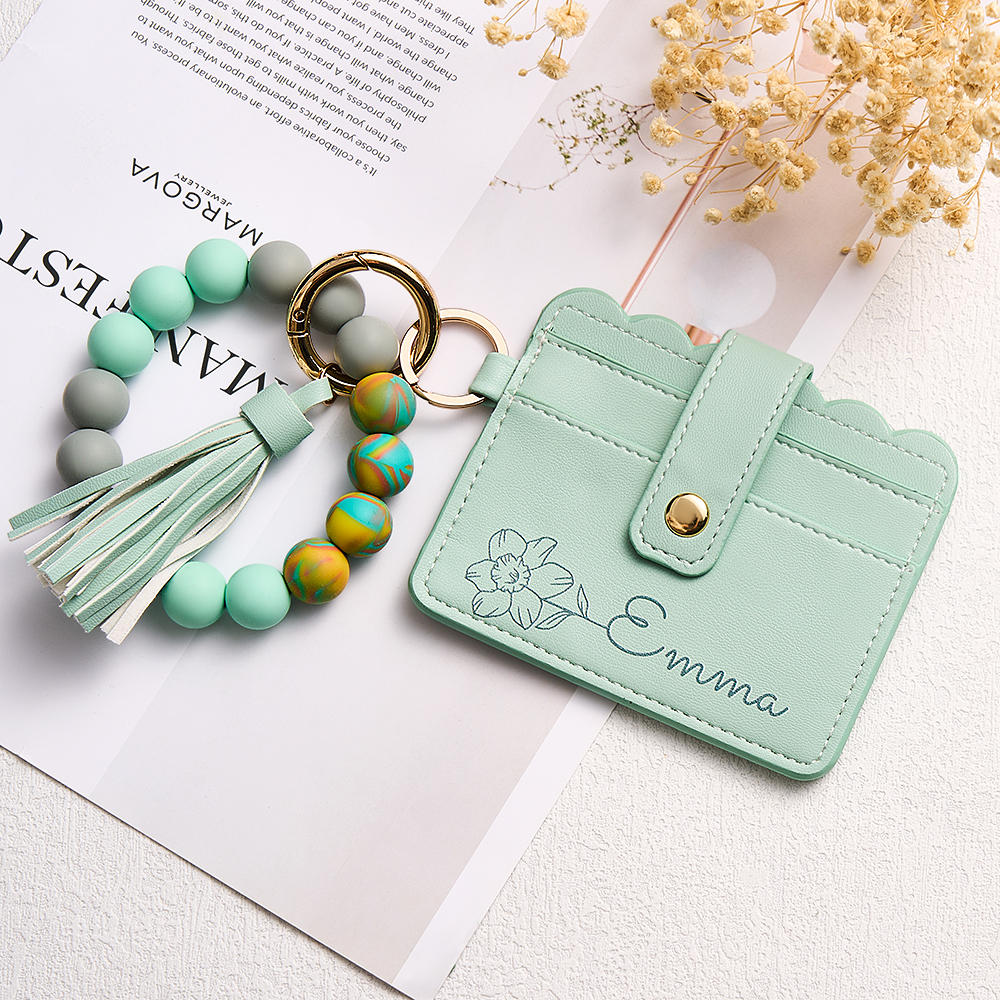 Personalized Birth Flower PU Leather Wallet with Beaded Bracelet Wallet Gift for Her