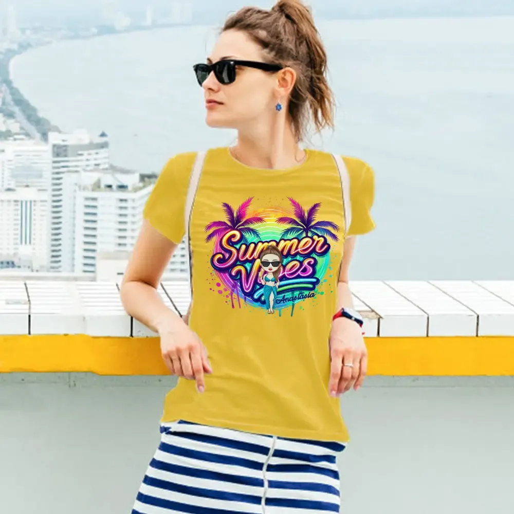 Personalized Cartoon Summer Vibes T-shirt with Name T-shirt Holiday Gift for Her