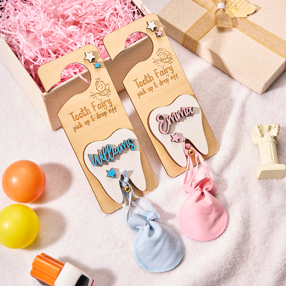 Personalized Tooth Fairy Door Hanger with Money Slot and Velvet Pouch Birthday Gift for Kids