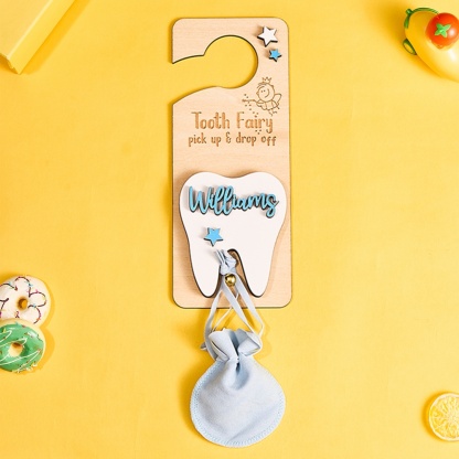 Personalized Tooth Fairy Door Hanger with Money Slot and Velvet Pouch Birthday Gift for Kids