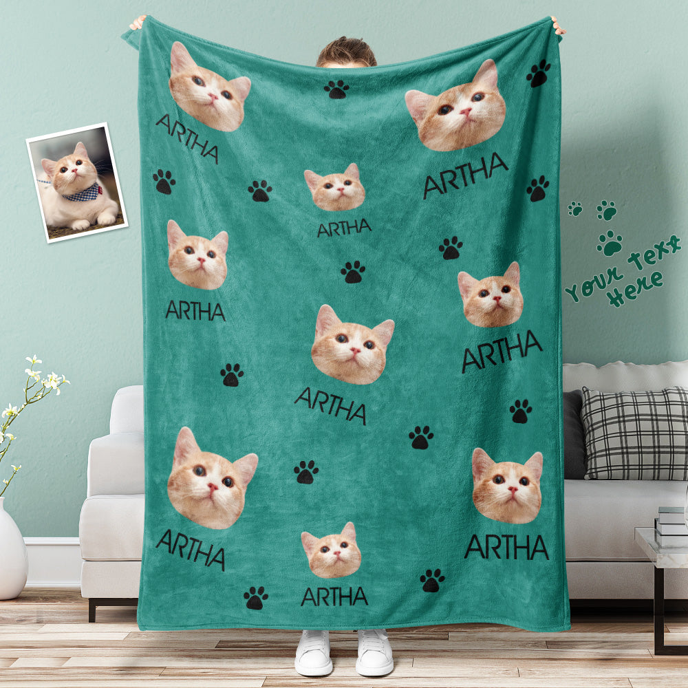 Custom Cat Face Blanket Cat Paws Personalized Pet Photo and Text Blanket