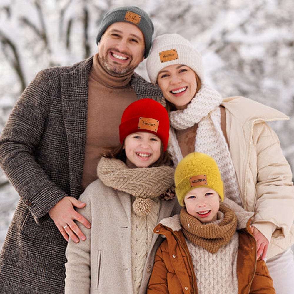 Personalized Baby Beanie Custom Name Leather Patch Beanie Gifts for Kids or Adult