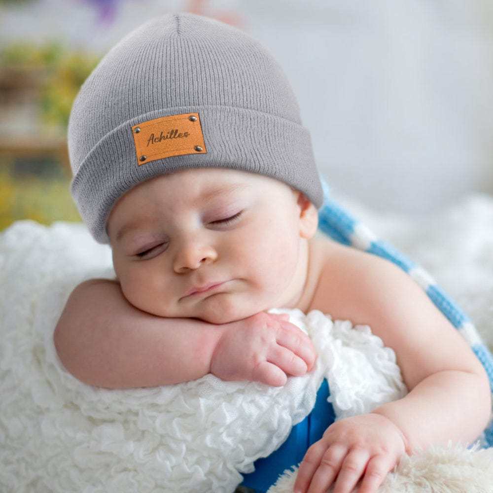 Personalized Baby Beanie Custom Name Leather Patch Beanie Gifts for Kids or Adult