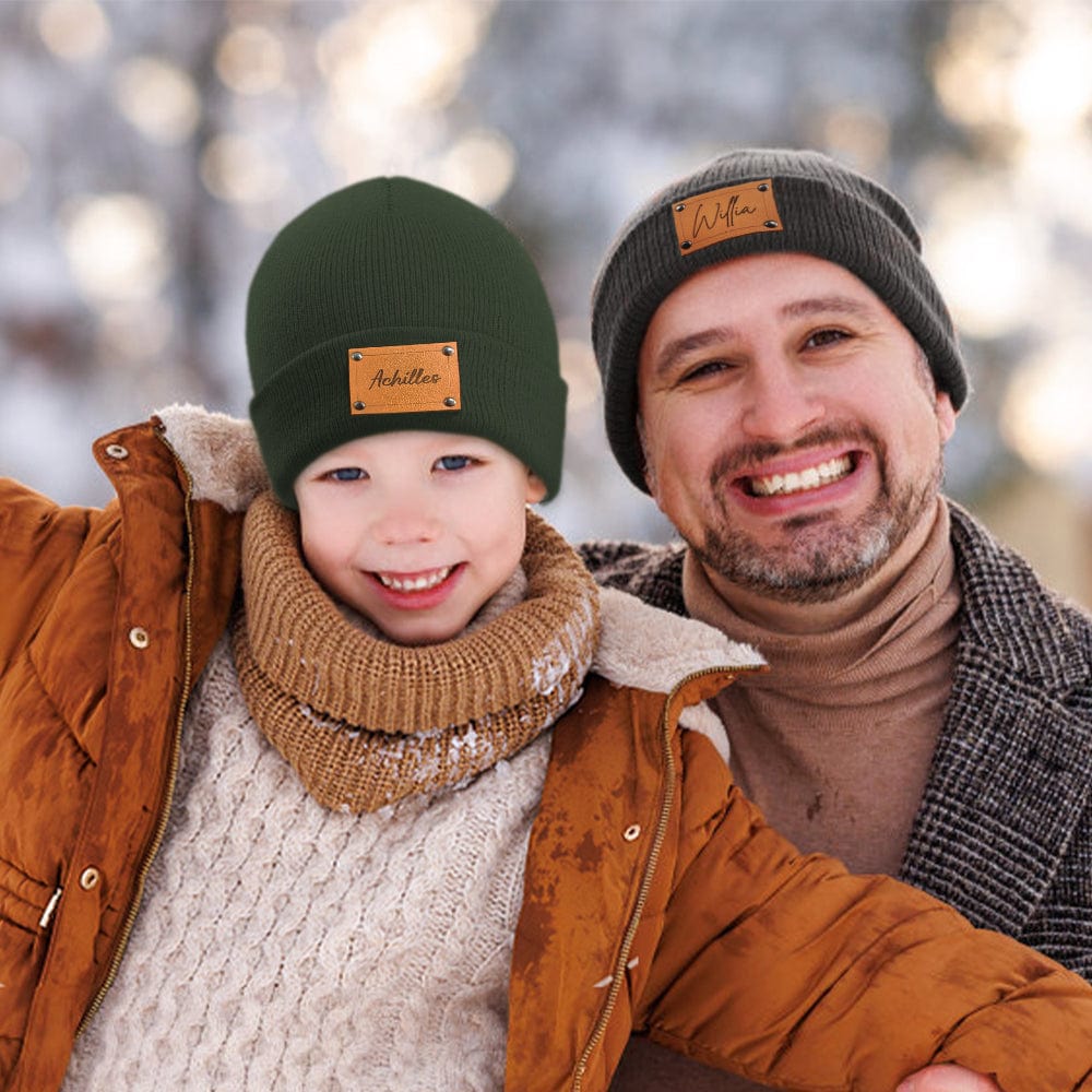 Personalized Baby Beanie Custom Name Leather Patch Beanie Gifts for Kids or Adult