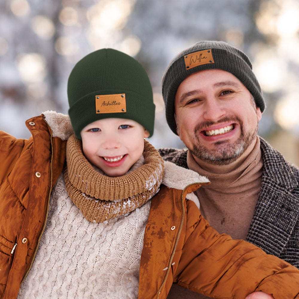 Personalized Baby Beanie Custom Name Leather Patch Beanie Gifts for Kids or Adult