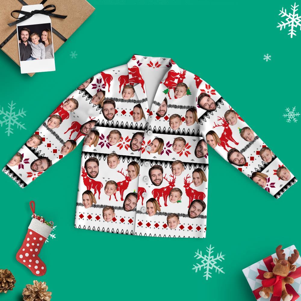 Custom Face Christmas Long Sleeve White Pajamas with Reindeer