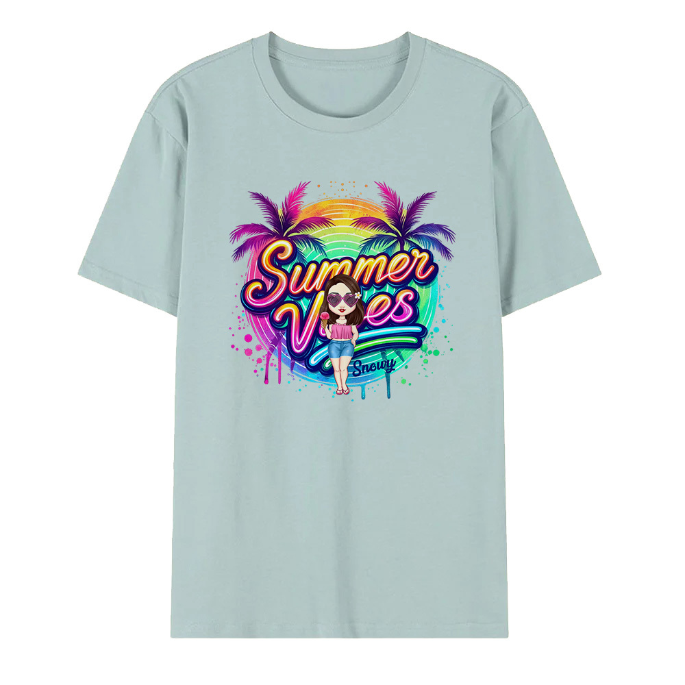 Personalized Cartoon Summer Vibes T-shirt with Name T-shirt Holiday Gift for Her