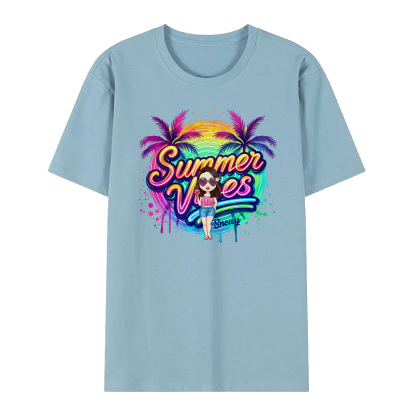Personalized Cartoon Summer Vibes T-shirt with Name T-shirt Holiday Gift for Her