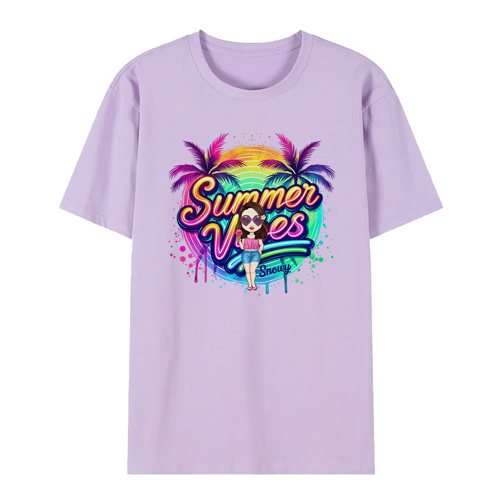 Personalized Cartoon Summer Vibes T-shirt with Name T-shirt Holiday Gift for Her