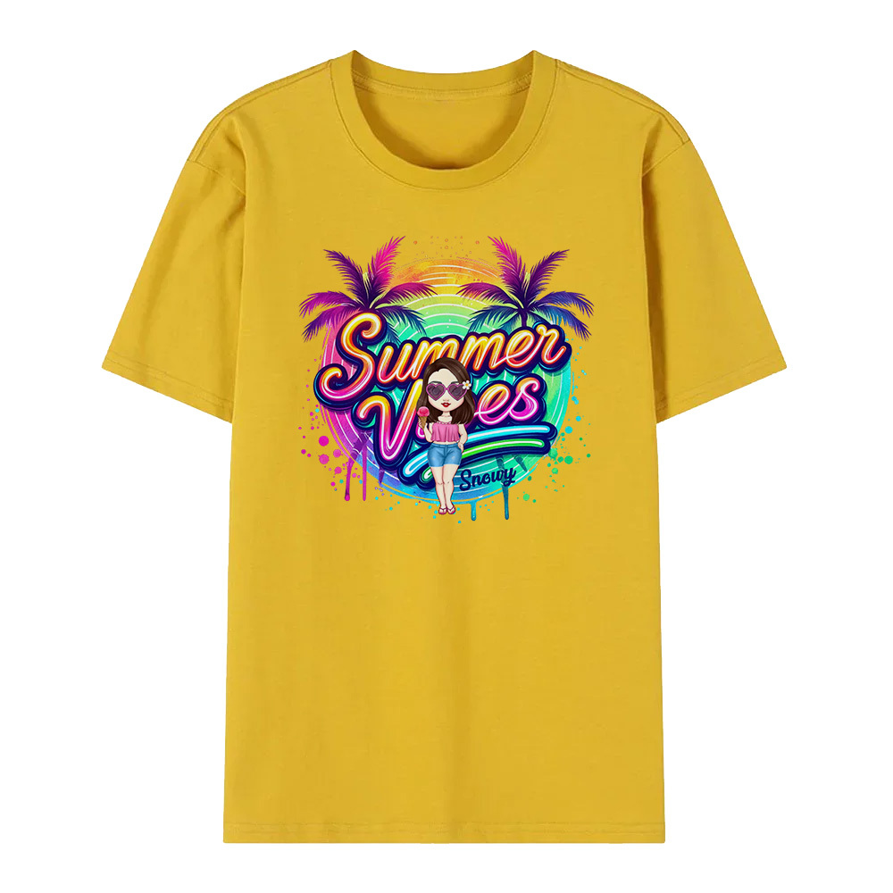 Personalized Cartoon Summer Vibes T-shirt with Name T-shirt Holiday Gift for Her