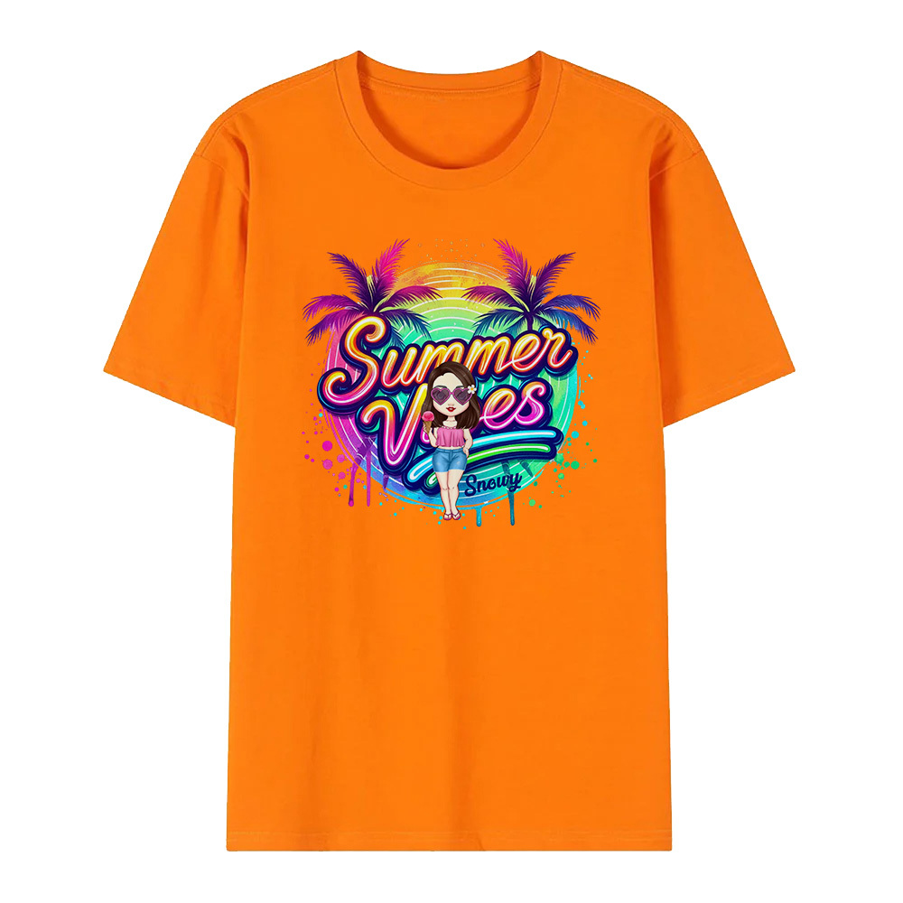 Personalized Cartoon Summer Vibes T-shirt with Name T-shirt Holiday Gift for Her