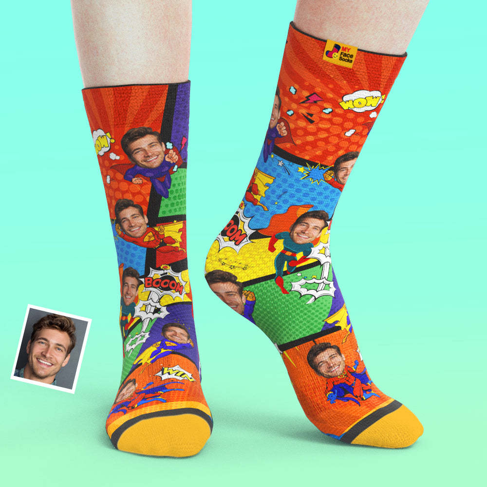 Custom Socks My Face Socks Add Pictures and Name - Superhero