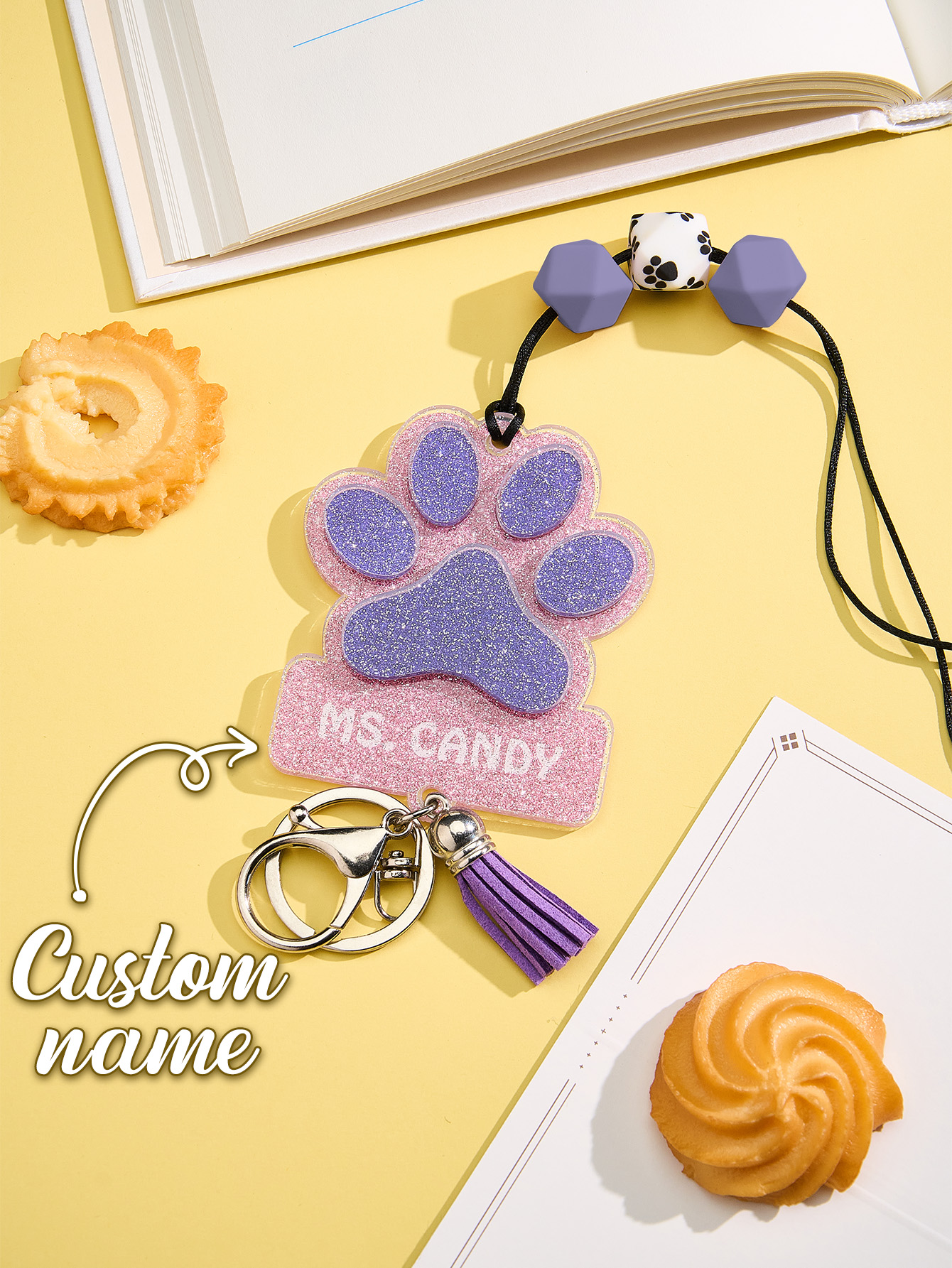 Personalized Glitter Paw ID Badge Lanyard with Text Beads Tassels Badge Lanyard Gift for Teacher Pet Lover