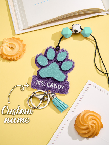 Personalized Glitter Paw ID Badge Lanyard with Text Beads Tassels Badge Lanyard Gift for Teacher Pet Lover