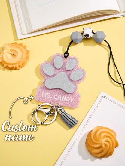 Personalized Glitter Paw ID Badge Lanyard with Text Beads Tassels Badge Lanyard Gift for Teacher Pet Lover