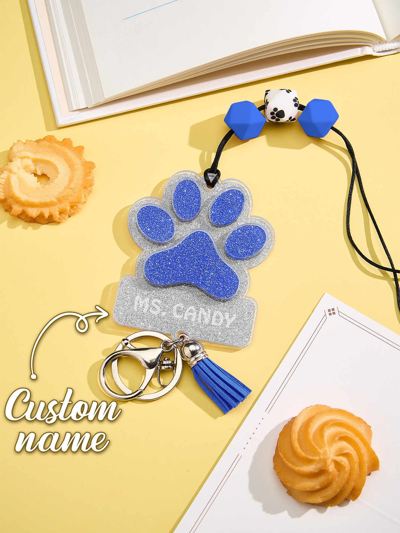 Personalized Glitter Paw ID Badge Lanyard with Text Beads Tassels Badge Lanyard Gift for Teacher Pet Lover
