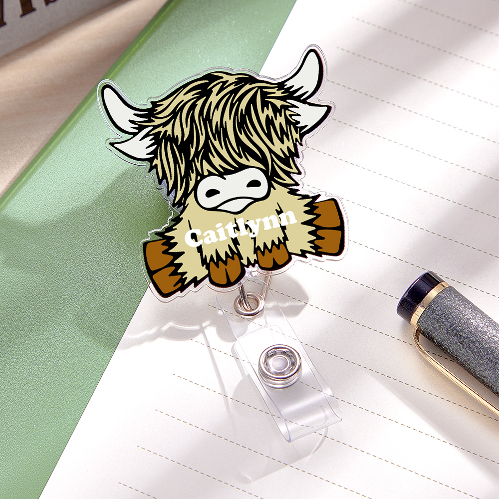 Personalized Highland Cow Badge Retractable Acrylic Badge Reel ID Clip Gift for Highland Cow Lovers