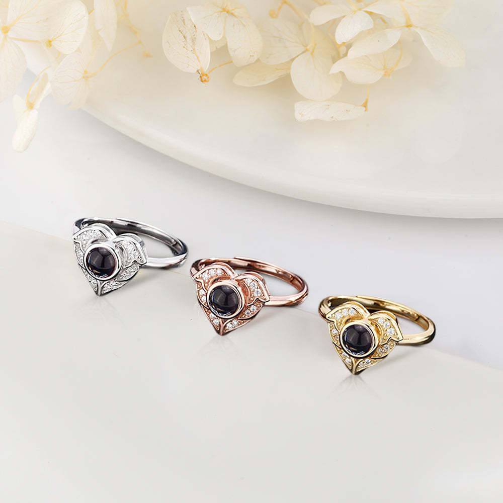 I Love You in 100 Languages Projection Ring Custom Photo Angel Wings Heart Rings