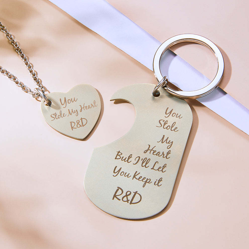 Personalized Photo Steal My Heart Couple Keychain Custom Engraved Keychain Necklace Set for Couples