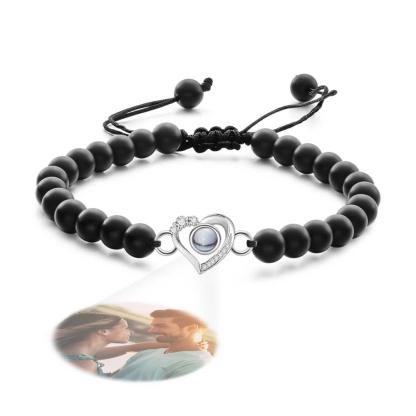 Personalized Photo Projection Beads Bracelet Heart-Shaped With Rhinestones Special Gift For Her