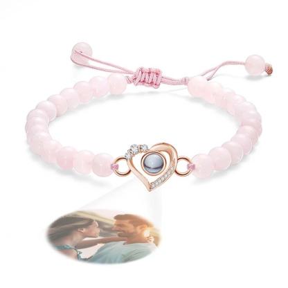 Personalized Photo Projection Beads Bracelet Heart-Shaped With Rhinestones Special Gift For Her