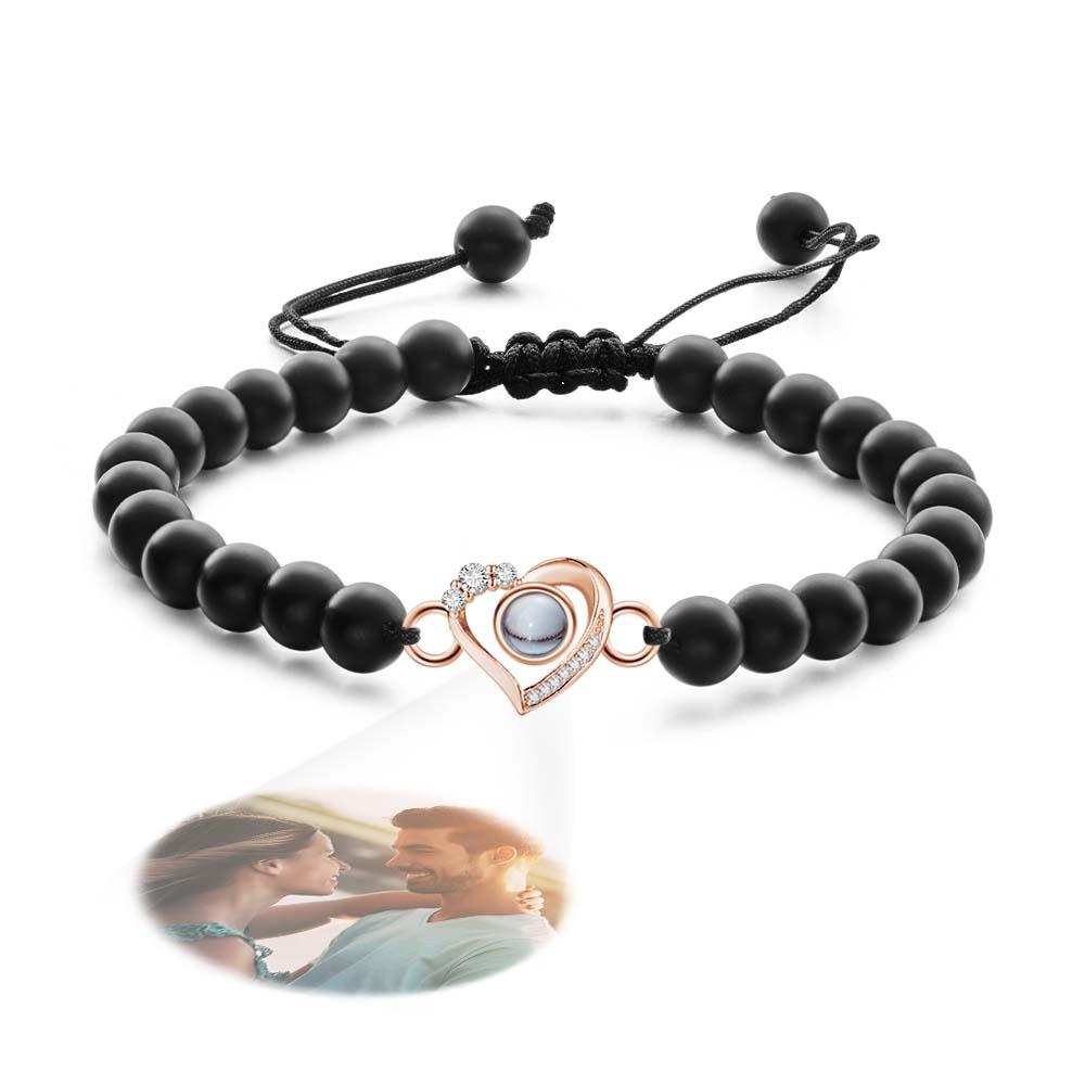 Personalized Photo Projection Beads Bracelet Heart-Shaped With Rhinestones Special Gift For Her