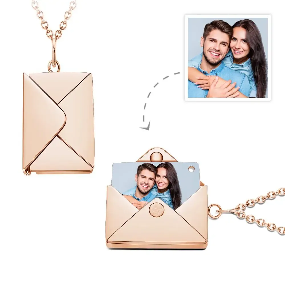 Custom Engraved Photo Envelope Locket Necklace – Personalized Pendant for Your Special Memories
