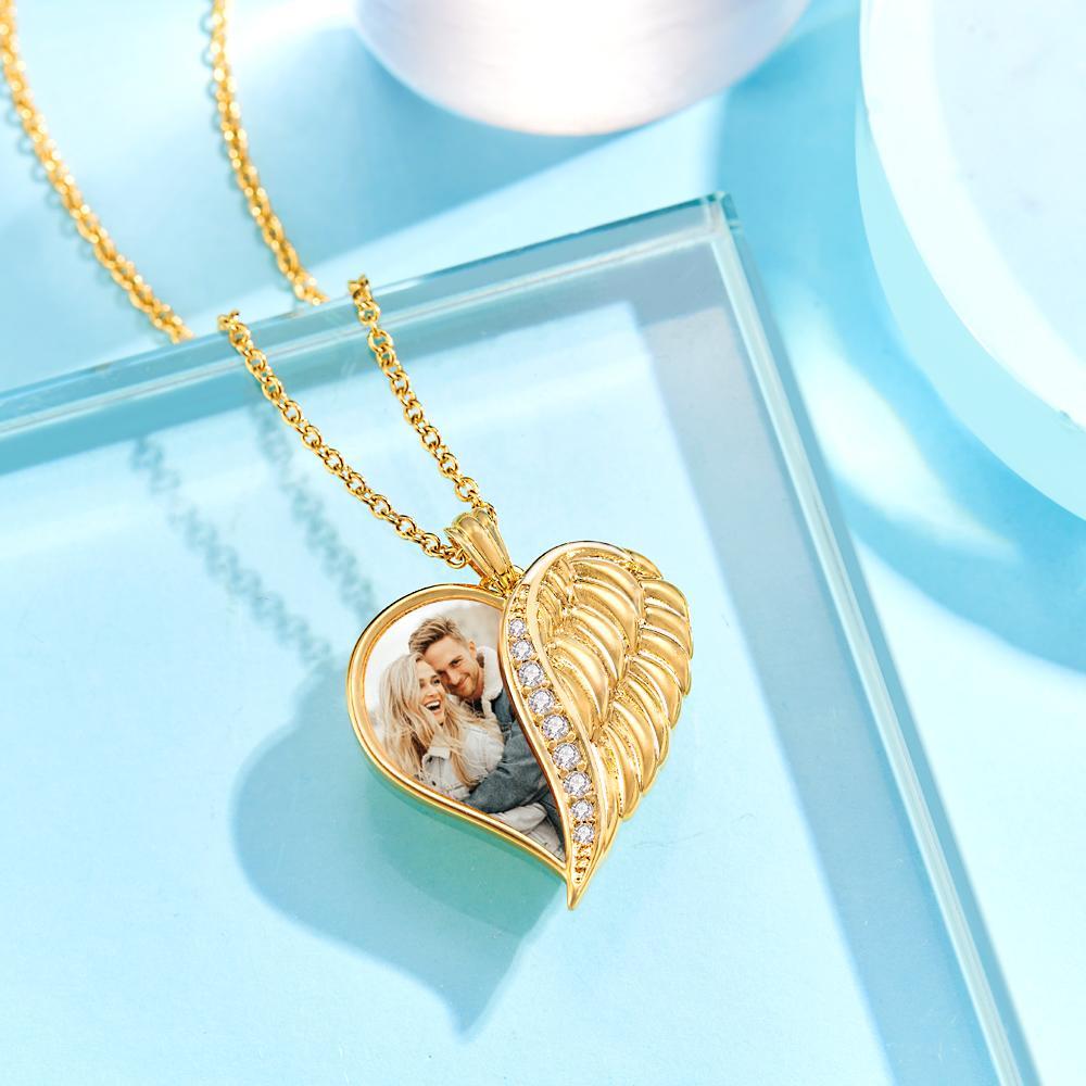 Custom Photo Engraved Necklace Angel Wings Heart Gifts