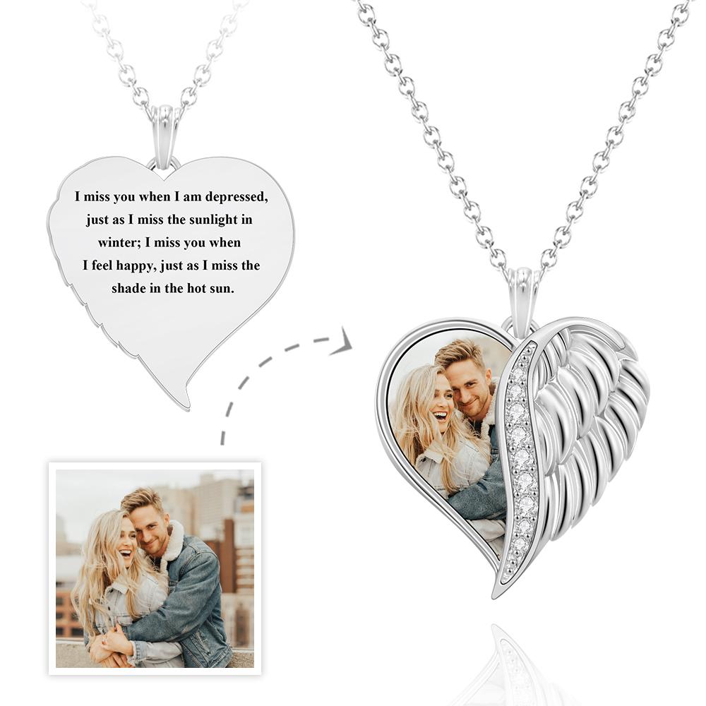 Custom Photo Engraved Necklace Angel Wings Heart Gifts