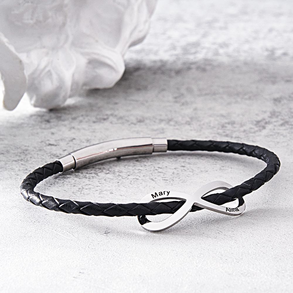 Engraved Infinity Sign Bracelet Set Personalized Leather Bracelet For Couples