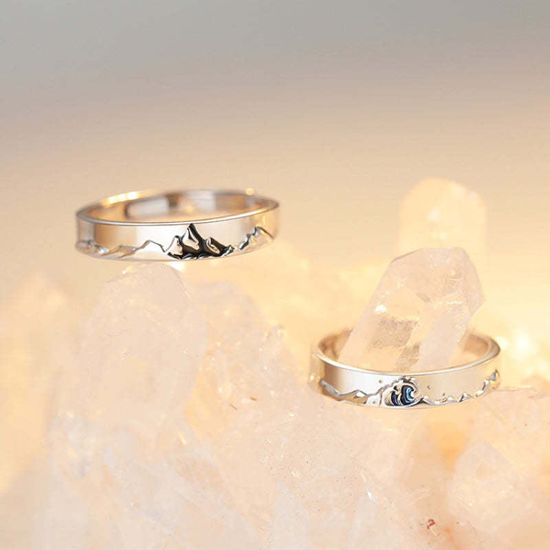 Mountain Ocean Couple Rings Matching Adjustable Ring Jewelry Gift for Lovers