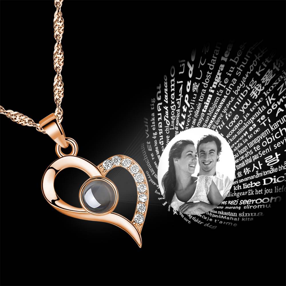 Personalized 100 Languages 'I Love You' Heart Necklace - Custom Photo Projection Pendant