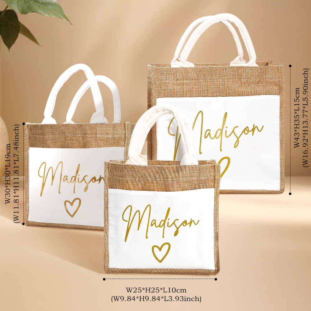 Personalized Jute Tote Bag with Pocket Reusable Beach Travel Accessory Bridal Party Wedding Gift for Her