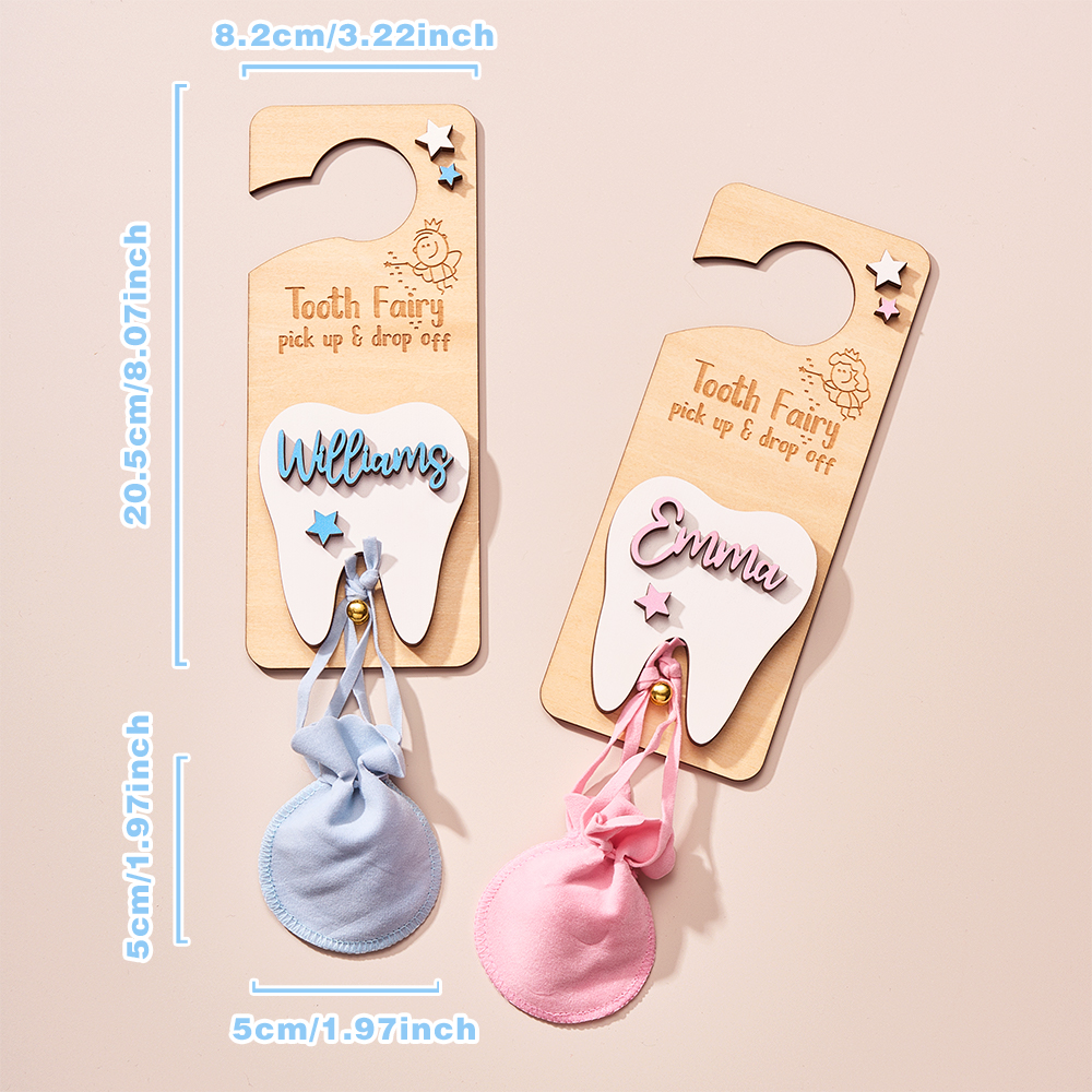 Personalized Tooth Fairy Door Hanger with Money Slot and Velvet Pouch Birthday Gift for Kids